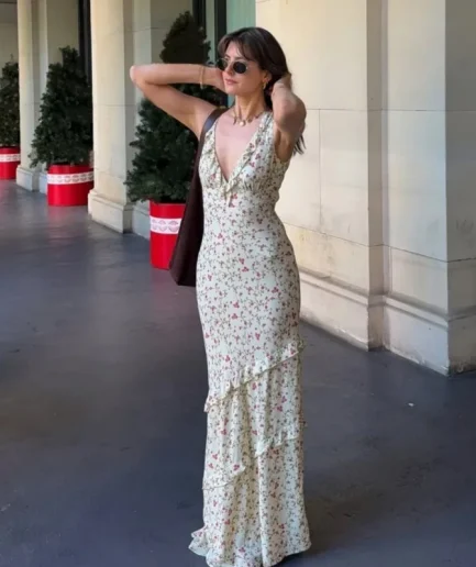 Women Floral Print Sexy V-Neck Ruffles Elegant Bodycon Dresses Spring Fashion Holiday Streetwear Women Party Women Maxi Dress