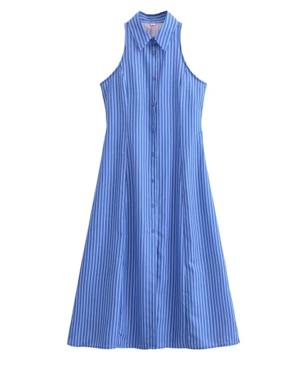 Single Breasted Turn-Down Collar A-Line Sleeveless Summer Fashion Elegant Female Dresses Striped Dress Women Dress