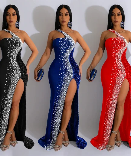 Wedding Summer High Quality Party Sexy One Side Shoulder Prom Cut Out Sequin Slit Evening Maxi Dresses for Women