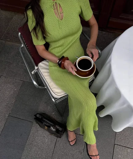 Women's Knitwear Dress Female Ribbed Short Sleeve Patchwork High Waist Elegant Long Dress Knit Hollow Out Lace-Up Dress