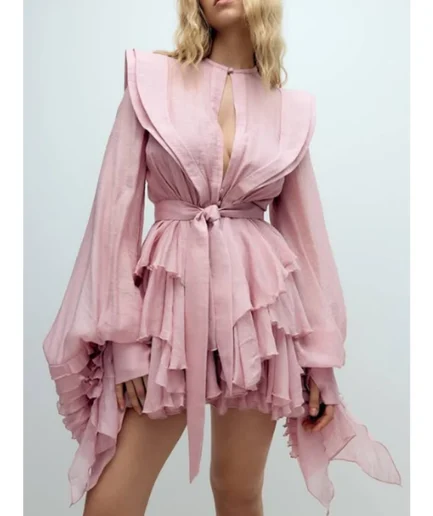 Chic Female 2025 Solid Dresses Elegant O-Neck Lace up Lantern Long Sleeve Mini Vestido Fashion Women Ruffles Short Dress