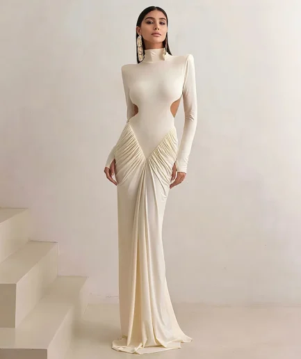 2025 Autumn Backless Maxi Dress Women Shoulder Pads Long Sleeve Hollow Out Pleated Ruched Elegant Party Skinny Women Maxi Dress