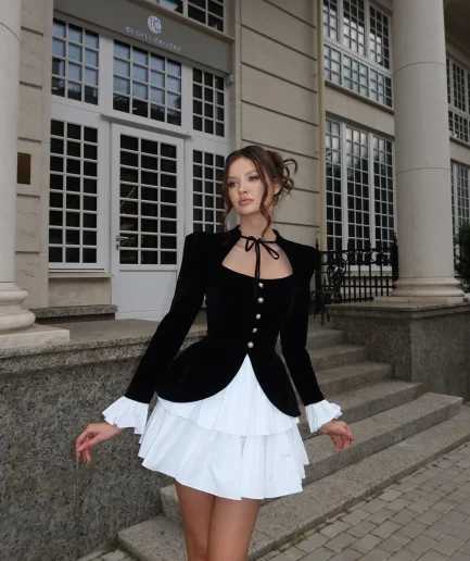 Spring New Women Fashion Temperament Lace up Fake Two Piece Long Sleeve Dress Square Collar Ruffled Layered Women Mini Dress