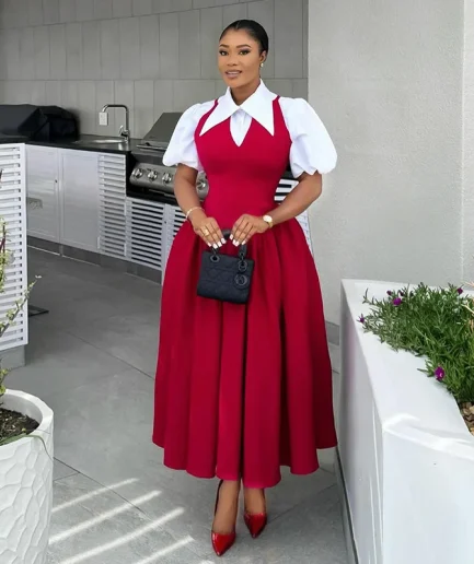 Spring Short Puff Sleeve Solid Color Oversized Lapel Collar High Waist Slim A- Line Two Pieces Women's Shirt Dress