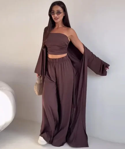 RedPeony 2025 Women Summer Casual Off Shoulder Sleeveless Cropped Tank Top Long Cardigan Elastic Wide Leg Pant Lady 3 Piece Sets