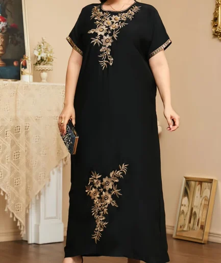 RedPeony Plaque-sized Women's Embroidered Beaded Loose Casual Dress Batsleeved Long Robe Women's Long Dress