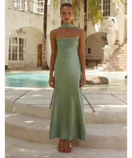 Backless A-line Long Satin Tube Dress with Scarf Solid Color Low Cut Strapless Pleated Dress Women's Elegant Dress