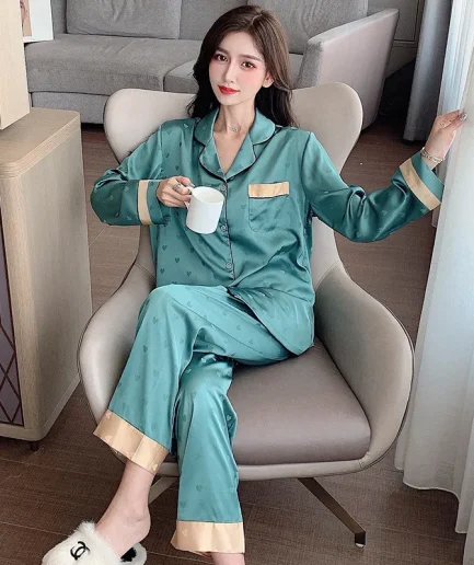 Summer Loungewear Female Women Spring Autumn Thin Long-sleeved Trousers Two-piece Sleepwear High Quality Ice Silk Pajamas Suit