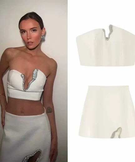 2025 Summer Lady Elegant Gown Women Solid Strapless Sleeveless Crop Tops Mini Skirts Sexy Asymmetric Rhinestone Short Skirt Set