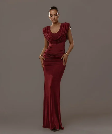 2025 Swinging Neck Classic Women Long Dress High Street Solid Luxury Pleated Slimming Vestidos Evening Party Women Maxi Dress