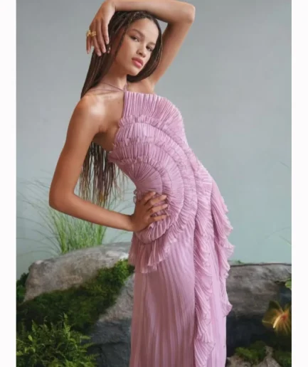 2025 New Party Vacation Y2k Robe Solid Folds a Line Lace up Backless Sexy Party Dress Elegant Neck Strap Ruffles Evening Gown