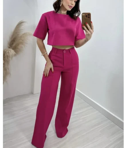 RedPeony Fashion Cotton Linen Short Top High Waist Wide Leg Suit Pants for Women Casual Office Lady 2 PCS Clothing Set for Women