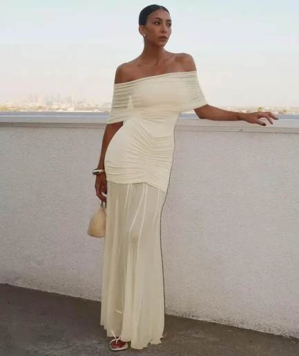 Sexy Strapless Mesh Patchwork Folds Long Dress Women Sleeveless Backless Pleated Slim Evening Party Club Women Maxi Gowns