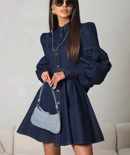 2025 Women Fashion Casual Button Slim Blue Denim Dress Elegant Stand  O-Neck Long Sleeve Vintage High Waist Female Mini Dress