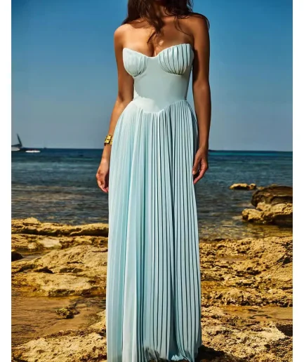 RedPeony 2025 Summer Lady Sleeveless Party Evening Robe Fashion Solid High Waist Dresses Sexy Strapless Women Pleated Maxi Dres