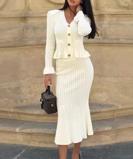 Ladies Skinny Long Sleeve V-Neck One Set Sweater Plus Size Knitted Lounge Wear Slim Top Skirts 2 Piece Sets for Women