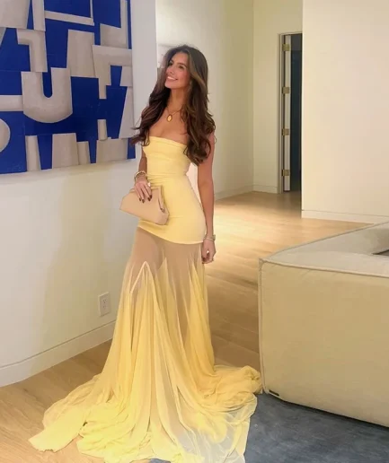 Women See Through Temperament Solid Pleated Strapless Sleeveless Backless Slim Banquet Party Vestidos Patchwork Dress