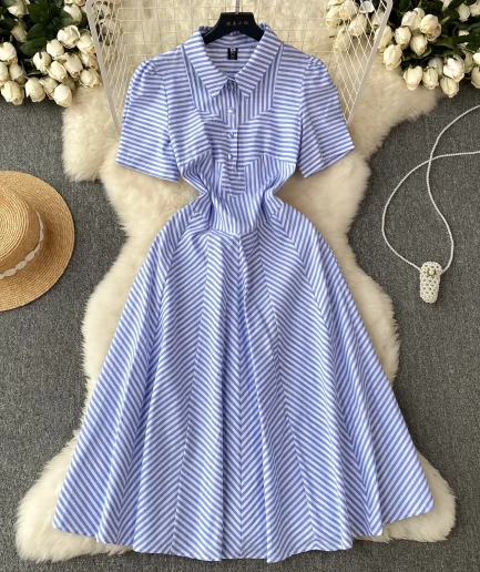 Vintage Turn-down Collar Tunic Slim Casual Puff Short Sleeve Lady Midi High Quality Retro Striped Button Shirt Dress for Women