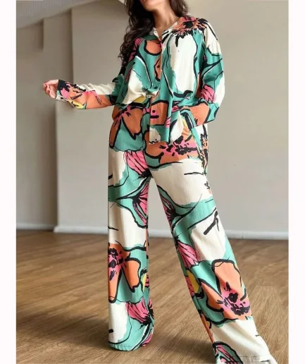 RedPeony Fashion Casual Long Sleeve Two Piece Suit Women Loose Wide Leg Trousers Suits Long Pant Sets Print Shirt Two Piece Set