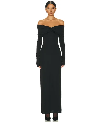 2025 Autumn Fashion Sexy Solid Full Sleeves Slash Neck Hip Wrap Slim Fit Bodycon Long Elegant Party Club Women Maxi Dress