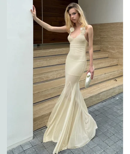 2025 Summer Fashion New Women's Elegant Strap Sexy Tie Flower Slimming Lace Tight Hanging Neck Vacation Party Women Maxi Dress