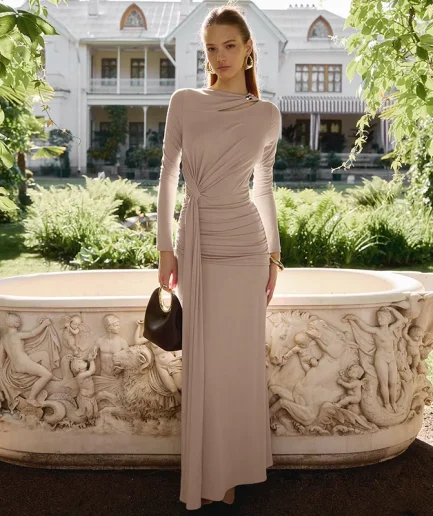 Long Sleeve Ruched Sexy Maxi Dress Women Autumn Winter Fashion O-Neck High Waist Bodycon Elegant Club Party Long Dress