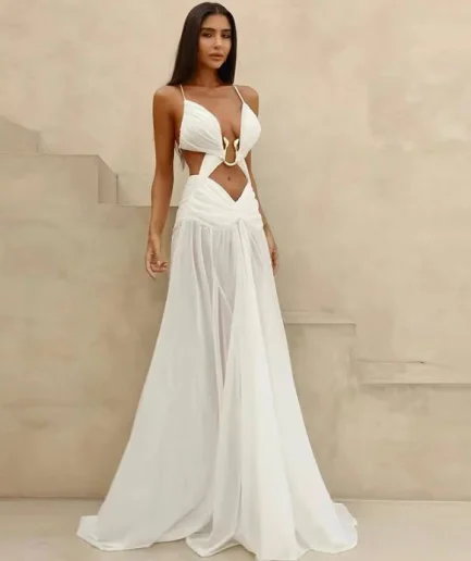 2025 Spring Summer Club Beach Slip Lady Robe Sleeveless Backless Mesh Maxi Female Evening Dresses Sexy Hollow Out Party Dress