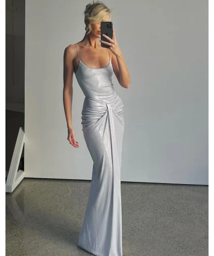 Female High Waist Party Dress 2025 Women's Fashion Pleated Twist Slim Sleeveless Dress Sexy Spaghetti Strap Long Dress