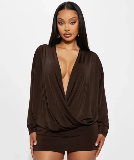 Women's Elegant Deep V-Neck Mini Dress Full Sleeve Skinny Peach Hip Midnight Club Party Sexy Fashion Solid Bodycon Dress