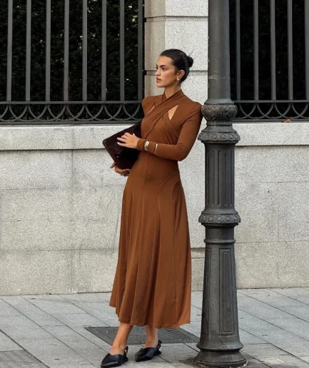 RedPeony 2025 Women Elegant Brown Halter Fold Long Sleeve Bodycon a Line Formal Dress Evening Party Sexy Luxury Women Maxi Dress