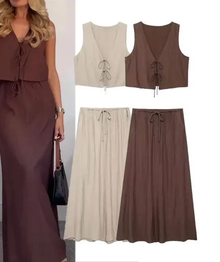 Chic V-neck Sleeveless Lace-up Textured Vest + High-waisted Drawstring Casual Skirt Suit Women's Street Vest 2-piece Set