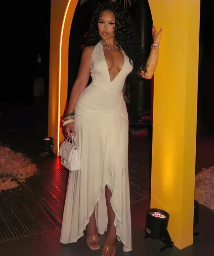 Women Elegant Birthday Party Dress Halter Deep V-Neck Backless Irregular Hem Slim Fit Mesh Patchwork Vacation Women Maxi Dress