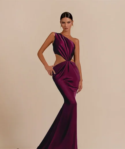 2025 Women One Shoulder Hollow Out Evening Dress Satin Backless Bandage Gown Wine Red Big Skirt Hem Slim Party Women Maxi Dress