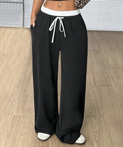 RedPeony Women Fashion Solid Lace up Casual Straight Pants Vintage High Elastic Waist Chic Women Trousers