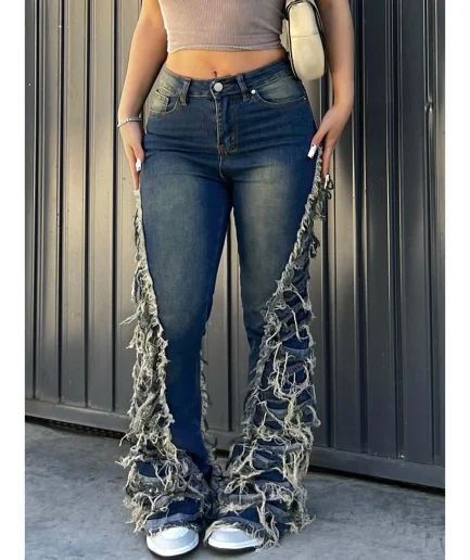 Women Denim Tassel Jean Pants High Waist Sexy Y2K Streetwear 2025 Summer Autumn Clothes Elegant Hollow Out Women Trousers
