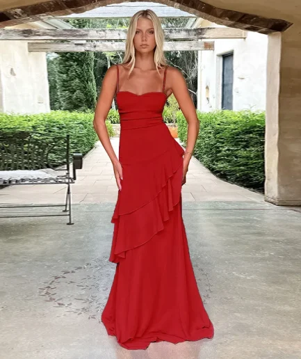 RedPeony 2025 Women Summer Elegant Ruffles Backless Long Dress Sexy Spaghetti Lace up Evening Club Party Wear Women Maxi Dress