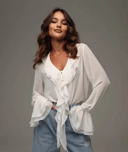 2025 Women Summer Elegant White Chiffon Ruffle Shirt V-Neck Flared Sleeve Loose Top Fashion Streetwear Women Casual Blouse