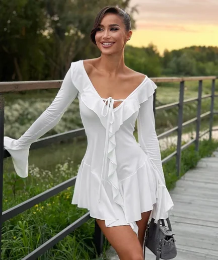 Bandage Elegant Female Summer Dress Women's V-Neck Patchwork Long Sleeve Sexy Slim Dress Ruffled Lace-Up White Mini Dress