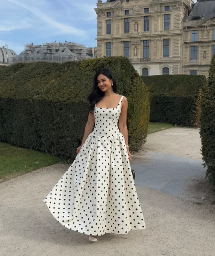 2025 French Style Polka Dot Dress Women Vintage Square Collar High Waist Pleated Summer New Elegant Club Party Women Maxi Dress