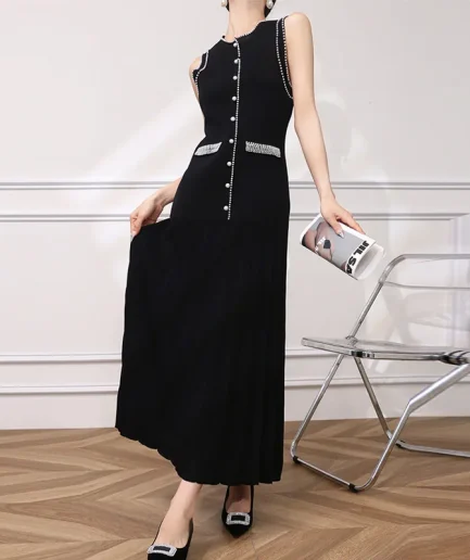 2025 Summer New French Pearl Sleeveless O Neck Black Midi tank Top T-shirt Knit Bridesmaid Fashion Dress for Women