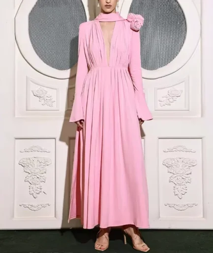 Ladies Pink Senior Vintage Dress Hollow Out Sexy Deep V Hanging Halter Bib Pleated Vertical Flower Design Slit Women Maix Dress