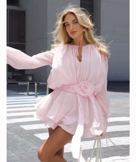 2025 Daily Commute Street Robes Women Chic O-neck Flared Sleeve Lace up Mini Dresses Sweet Pink 3d Flower Ruffle Hem Dress