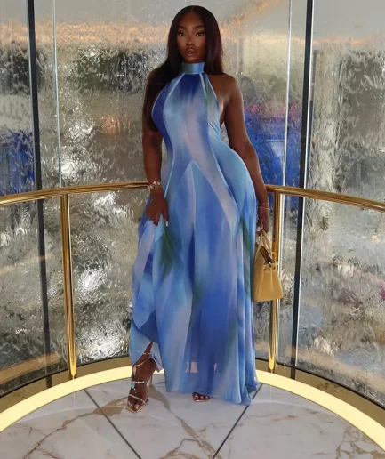 Midnight Banquet Party Hipster Vestidos Women Turtleneck Sleeveless Ruched Ruffles Elegant Robe Gradient Print Dress