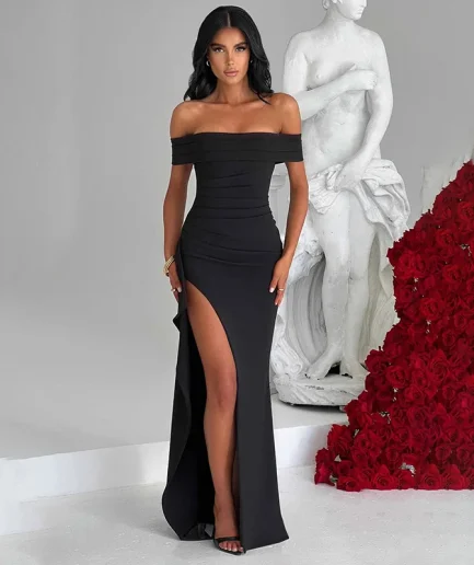 RedPeony Women Elegant Off-shoulder Ruffled High Split Dress Slash Neck Backless Bodycon Sexy Evening Party Women Maxi Dress
