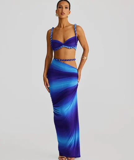 RedPeony 2025 Summer Vacation Beach Women Sexy 2 Piece Set Bandage Ruched Square Collar Bra+Skinny Long Skirts Women Party Suits