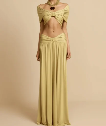 Sexy Off-shoulder Sleeveless Crop Top Long Skirt Set Women Fashion Hight Waist Draped Solid Outfit Elegant Half Skirt 2Pc Suit