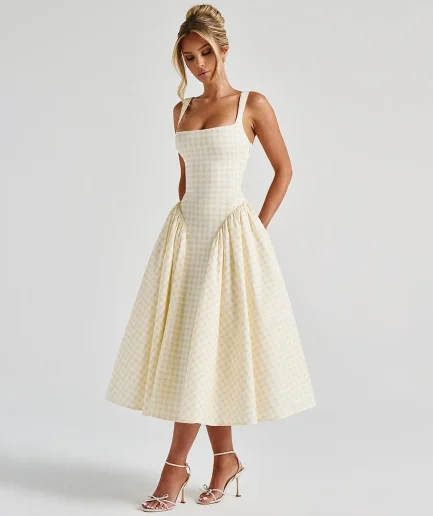 Holiday Party Robe 2025 Women Elegant Square Neck Low Waist A-line Midi Summer Dresses Lace up Bandage Plaid Sling Dress