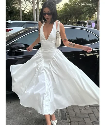 Halter New Fashion Slim White Sleeveless Long Dress Summer Women's Sexy Party Dress Backless Deep V Spliced Long Dress