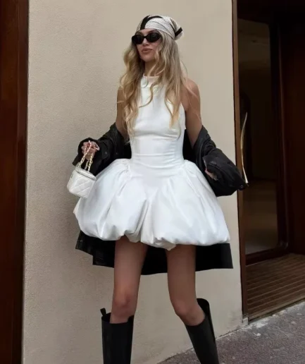 RedPeony Women New Elegant Backless Pleated Puff Hem Mini Dress Chic Solid High Waist Lace up Gowns Lady Vacation Mini Dress