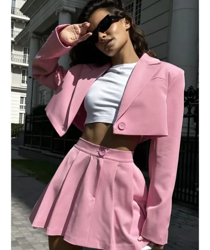 Womens Outifits Crop Blazer Jackets Pleated Mini Skirt 2 Pieces Sets Two Piece Sets Women Stylish Short Blazer Sets